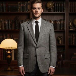 Vintage Sears Grey Herringbone 100% Virgin Wool Blazer | Academia | Preppy | 42R